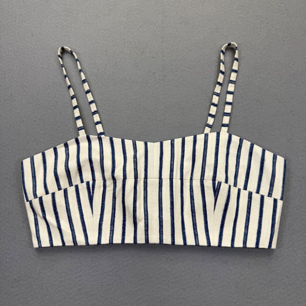 Munthe Women White Navy Blue Striped Cropped Bralette Top Size 36 Hook Eye‎ Back
